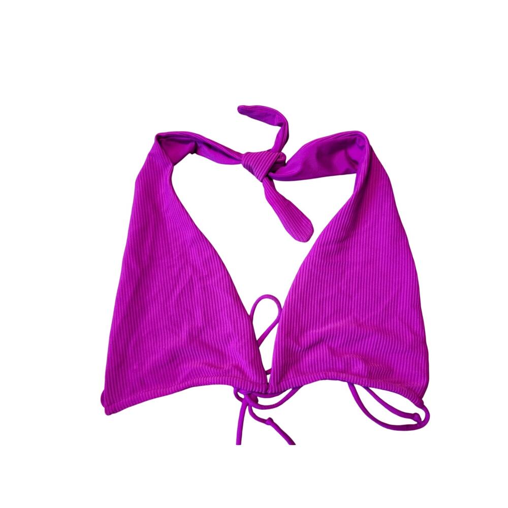 Frankies Bikinis Women's Magenta Purple Ribbed Halter Triangle Bikini Top Size L